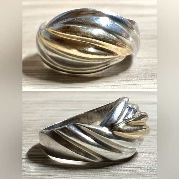 Designer Signed M. Jewelry - Vintage Designer Signed M. Sterling Silver & 14K Gold Scalloped Ring, Size 6